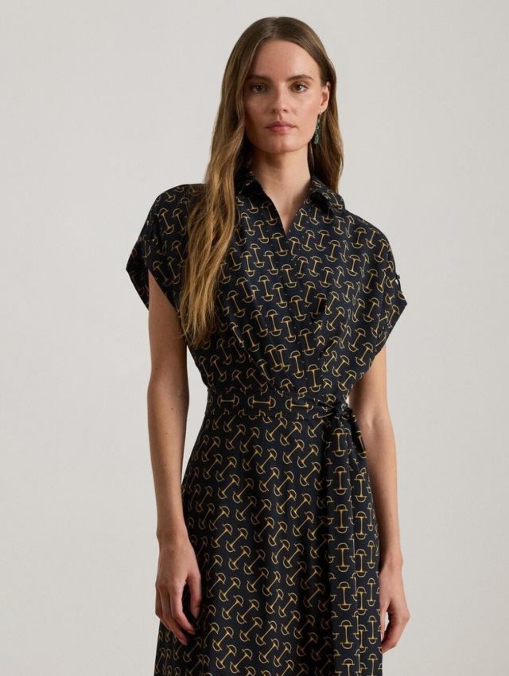 Fratillio Geometric Belted Crepe Dress, Dark Navy
